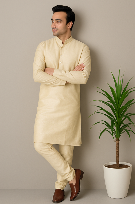 Kurta Pajama Set for Men | Solid Gold in Dupion Silk