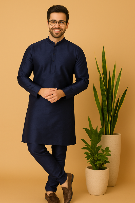 Navy Silk Kurta Pajama Set for Men